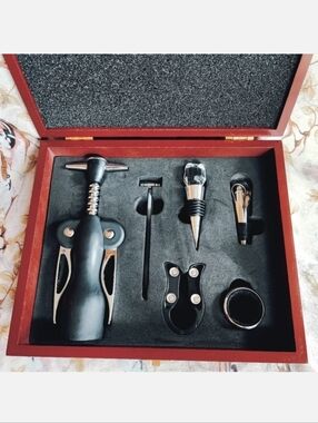 Wine Vino Winery Bottle Stopper Thermometer Accessories Cherry Wood Box Chest